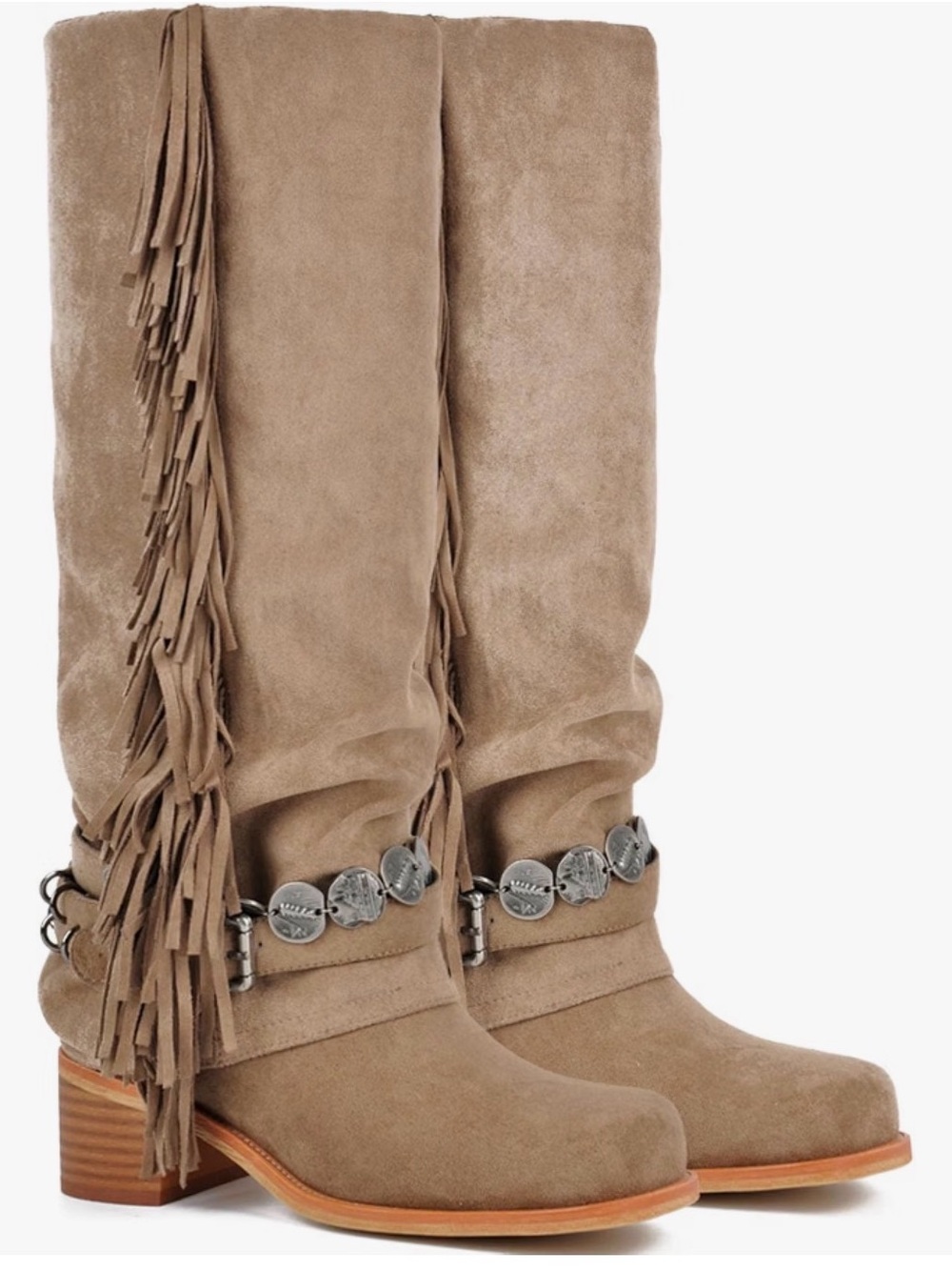 Womens Taupe Fringe Suede Mid-Calf Boots